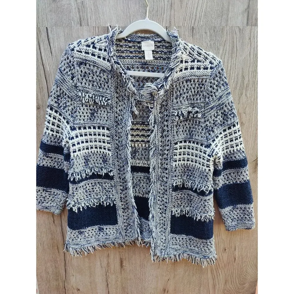 Chico's Knit Fringe Open Front Cardigan Jacket BoHo Artisan Nautical  SZ S.M‎